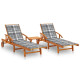 Lot de 2 transats chaise longue bain de soleil lit de jardin terrasse d'extérieur avec table et coussins acacia solide - Couleur au choix Carreaux-gris