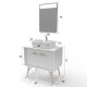 Meuble salle de bain scandinave blanc 80 cm sur pieds avec portes, vasque a poser et miroir LED Aurlane - LAV525 