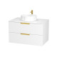 Meuble salle de bains 80 cm laqué blanc et or doré - 2 tiroirs - vasque ronde à poser blanche 