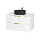 Meuble salle de bains 80 cm laqué blanc et or doré - 2 tiroirs - vasque ronde à poser noire 