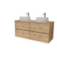 Meuble salle de bains 120cm 4 tiroirs chêne naturel - 2 vasques rondes 36cm blanches effet marbre Aurlane - PACM755 