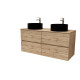 Meuble salle de bains 120cm 4 tiroirs chêne naturel - 2 vasques rondes 36cm en céramique noire Aurlane - PACM757 