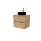 Meuble salle de bains 80cm 2 tiroirs chêne naturel + vasque ronde diamètre 41cm en céramique noire Aurlane - PACM744 
