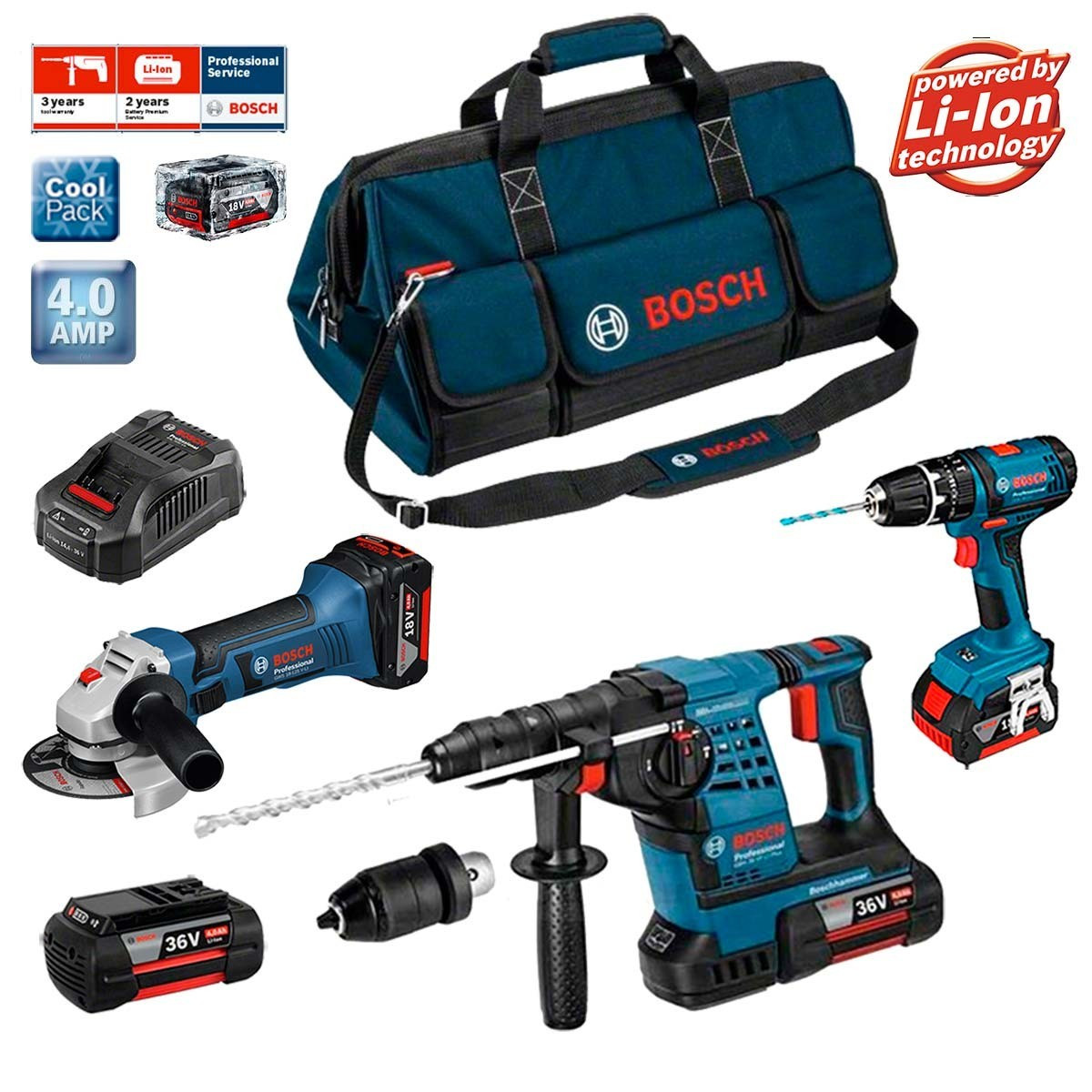 bosch kit perforateur meuleuse angulaire perceuse visseuse rsb3618m2 4 batteries chargeur sac transport distriartisan