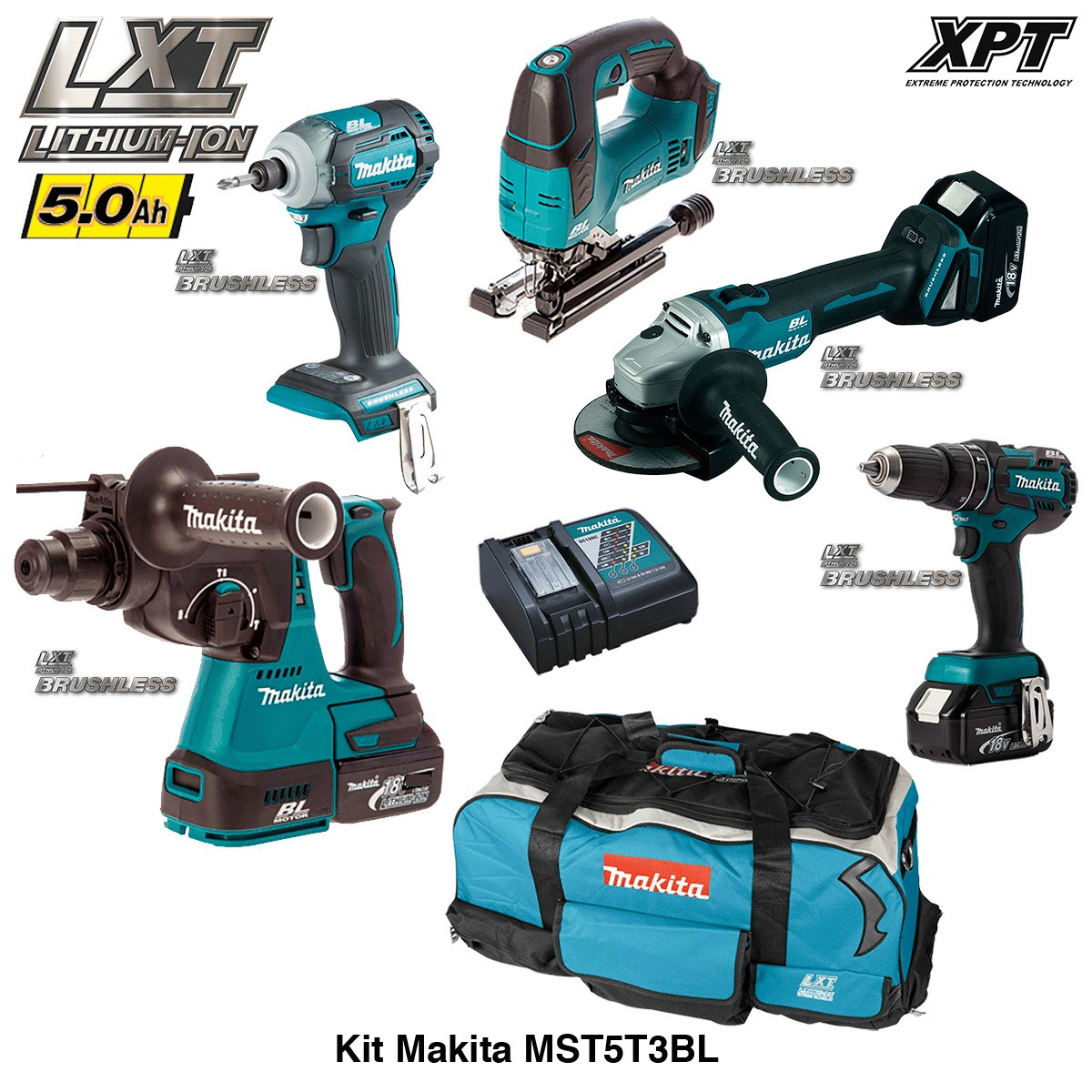 makita kit 5 outils electroportatifs mst5t3bl brushless 18v 3 batteries 4 0ah chargeur trolley distriartisan