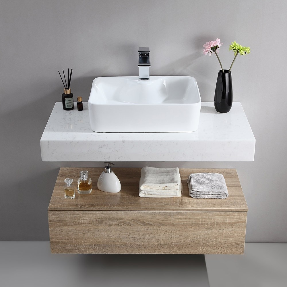 meuble de salle de bain suspendu avec lavabo en bois 100 cm distriartisan