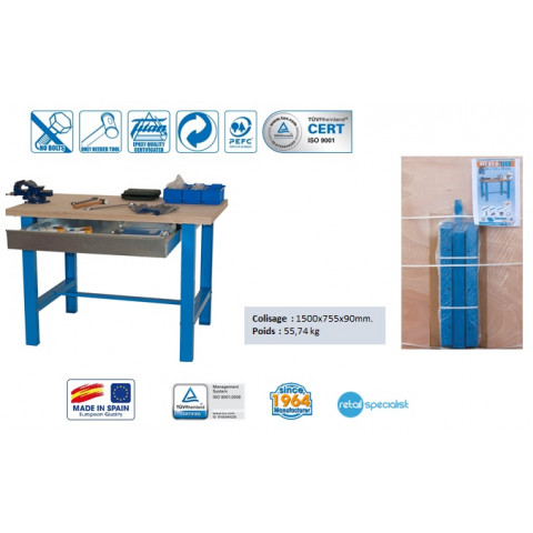 Kit etabli avec tiroir 865x1500x750mm bleu/bois bt6-box 1500