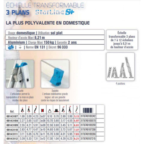 Echelle transformable 3 plans 8+8+8 échelons haut. D'accès max 5,97m Starline s+