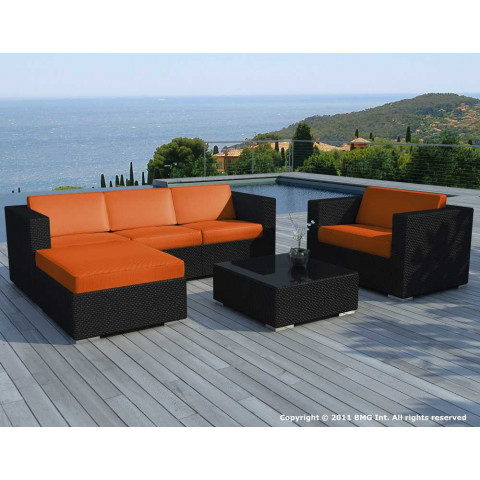 Salon de jardin 6 éléments en résine noire coussins orange