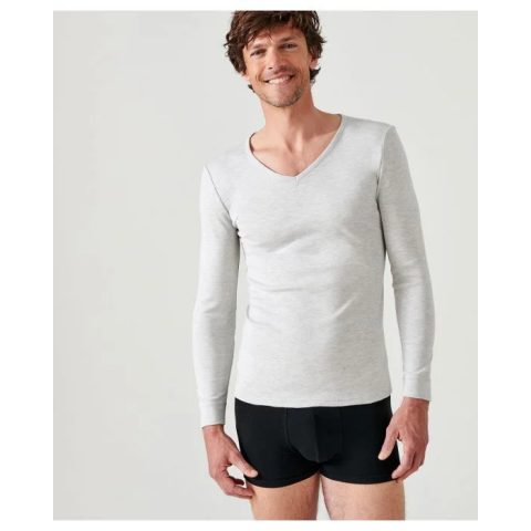 Tee-shirt DAMART Col V - Manches longues - Gris chiné - T.3XL - 12302