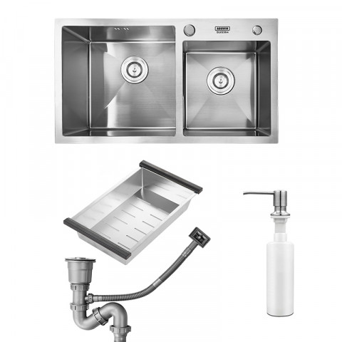 Evier en inox 2 bac & distributeur de savon - 78 x 43 cm