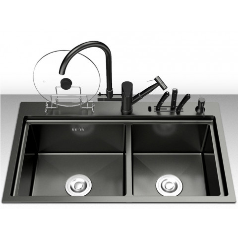 evier de cuisine a deux bacs en inox noir 82 x 46 cm distriartisan