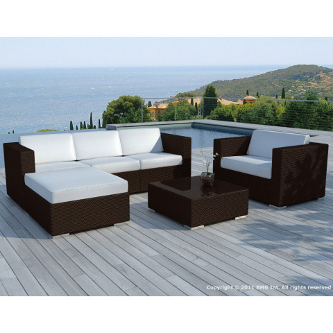 Salon de jardin 6 éléments en résine tressée noire coussins ecrus