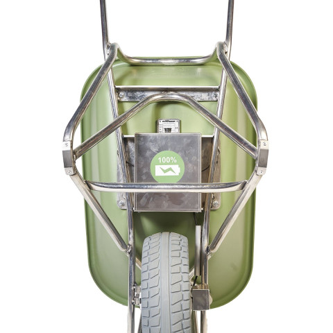 Brouette electrique Caisse en PEHD vert 90L. Roue anti-crevaison