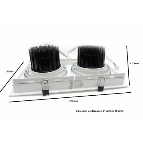 Downlight spot led cob rectangle 2x20w - couleur eclairage : blanc froid 6000k - 8000k