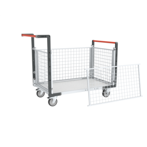 Chariot modulaire grillagé 2 dossiers + 2 ridelles, plateau bois 1000 x 600 mm, 250 kg