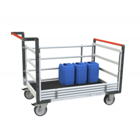 Chariot modulaire tube 2 dossiers + 2 ridelles, plateau bois avec tapis caoutchouc 1200 x 800 mm 500 kg