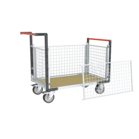 Chariot modulaire grillagé 2 dossiers + 2 ridelles, plateau bois 1200 x 800 mm, roues rectangle 500 kg