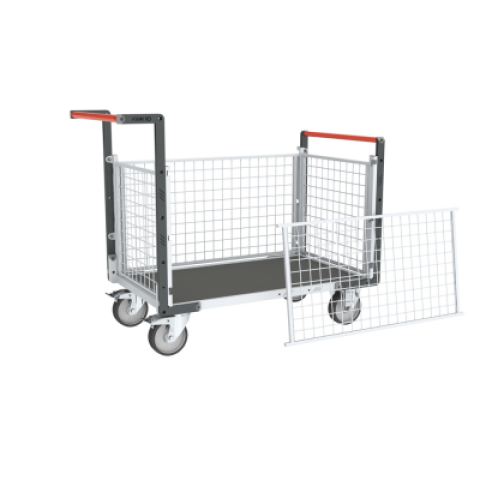 Chariot modulaire grillagé 2 dossiers + 2 ridelles, plateau bois avec tapis caoutchouc 1200 x 800 mm 500 kg