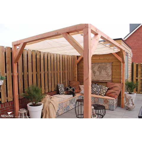 Pergola autoportante bois douglas toile crème porcelaine 4 x 2 m