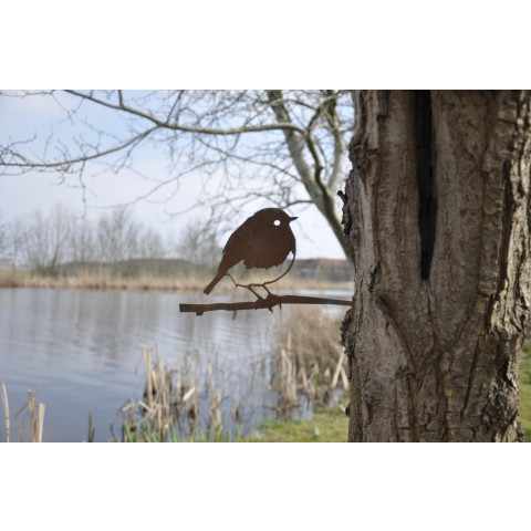 Oiseau à planter rouge gorge en acier corten hauteur 22cm
