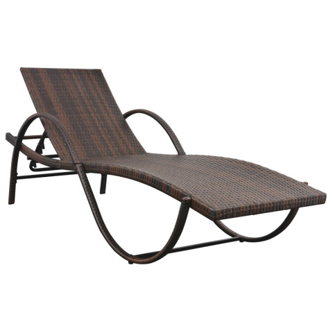 Transat chaise longue bain de soleil lit de jardin terrasse meuble d'extérieur avec coussin et table résine tressée marron helloshop26 02_0012452