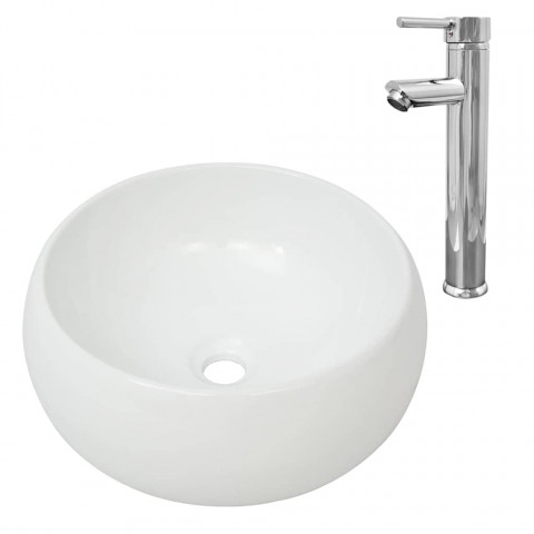 Lavabo de salle de bain avec mitigeur céramique rond blanc