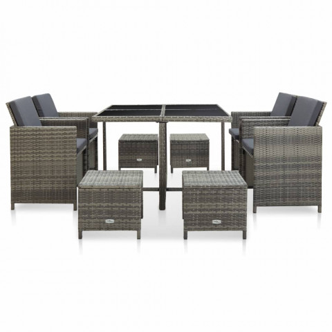 Mobilier à dîner de jardin 9pcs et coussins résine tressée gris