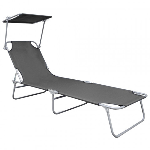 Chaise longue pliable avec auvent gris aluminium