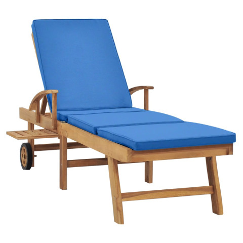 Transat chaise longue bain de soleil lit de jardin terrasse meuble d'extérieur avec coussin bois de teck solide bleu helloshop26 02_0012428