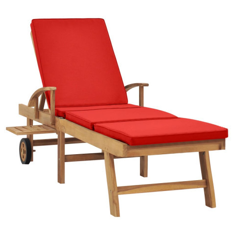 Transat chaise longue bain de soleil lit de jardin terrasse meuble d'extérieur avec coussin bois de teck solide rouge helloshop26 02_0012431