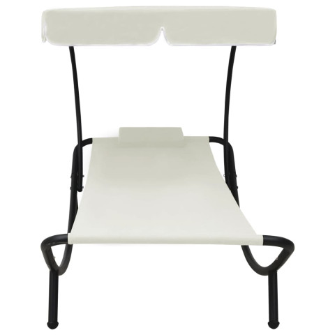 Transat chaise longue bain de soleil lit de jardin terrasse meuble d'extérieur avec auvent et oreiller blanc crème helloshop26 02_0012276