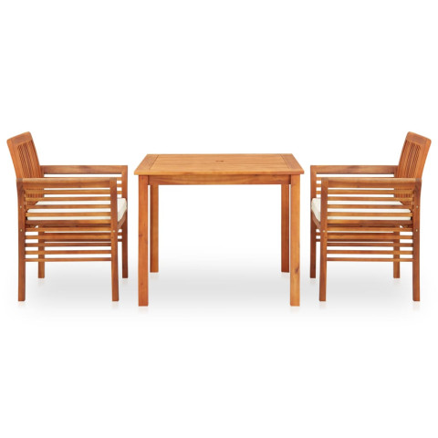 Mobilier à dîner d'extérieur 3 pcs et coussins acacia solide