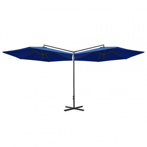 Parasol double avec mât en acier bleu azuré 600 cm