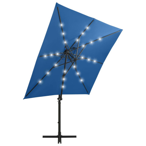 Parasol meuble de jardin déporté avec mât et lumières led 250 cm bleu azur helloshop26 02_0008518