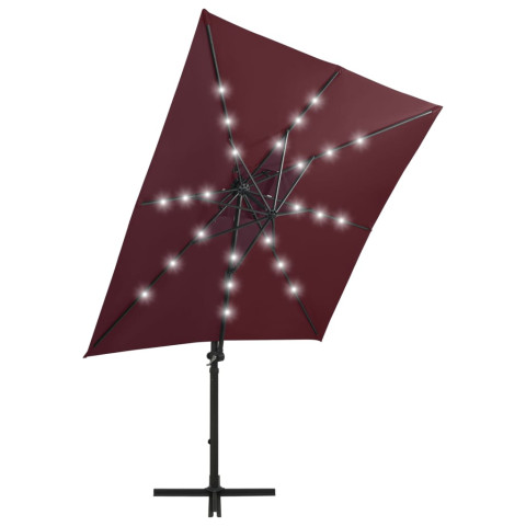 Parasol meuble de jardin déporté avec mât et lumières led rouge 250 cm bordeaux helloshop26 02_0008526