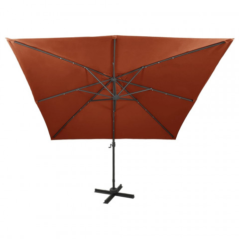  Parasol déporté avec mât et lumières LED Terre cuite 300 cm