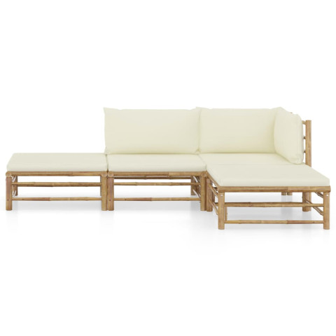 Salon de jardin 4 pcs avec coussins blanc crème bambou