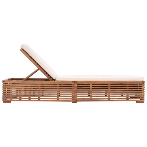 Transat chaise longue bain de soleil lit de jardin terrasse meuble d'extérieur 200 cm avec coussin bois de teck solide crème helloshop26 02_0012438