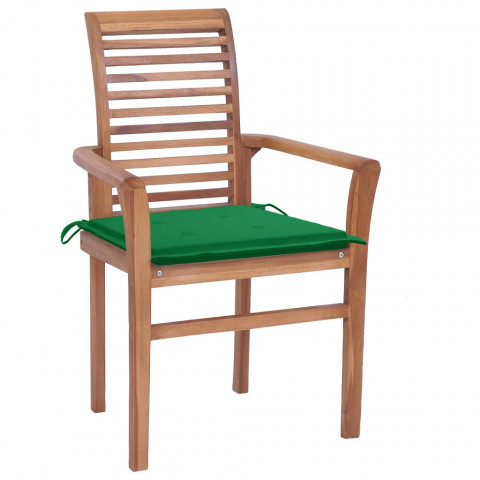 Chaises à dîner 4 pcs avec coussins vert bois de teck solide