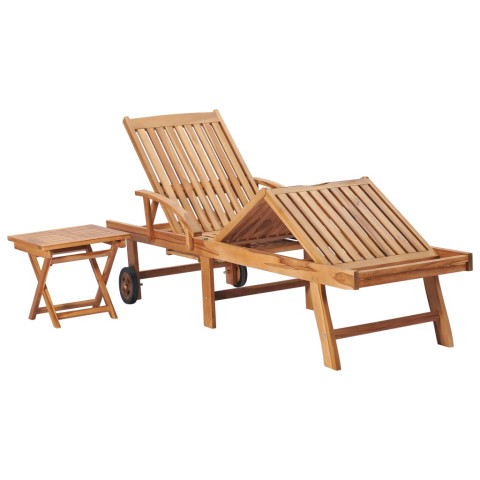 Transat chaise longue bain de soleil lit de jardin terrasse meuble d'extérieur avec table et coussin bois de teck solide helloshop26 02_0012647