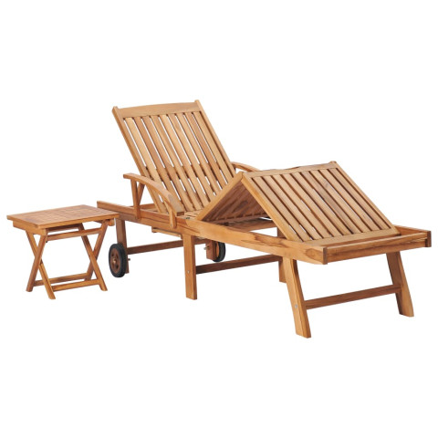 Transat chaise longue bain de soleil lit de jardin terrasse meuble d'extérieur avec table et coussin bois de teck solide helloshop26 02_0012648