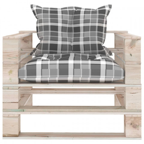Canapé palette de jardin et coussins carreaux gris bois de pin