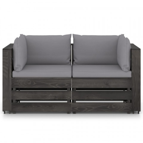 Canapé de jardin 2 places avec coussins bois imprégné de gris coussin gris