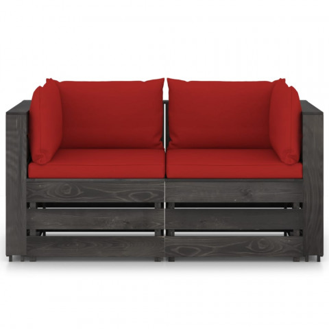 Canapé de jardin 2 places avec coussins bois imprégné de gris rouge