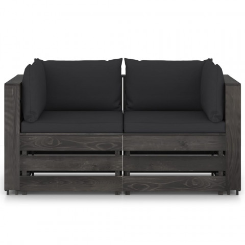 Canapé de jardin 2 places avec coussins bois imprégné de gris noir