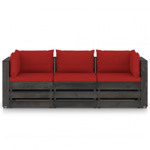 Canapé de jardin 3 places avec coussins bois imprégné de gris rouge