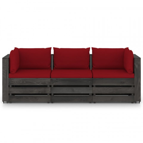 Canapé de jardin 3 places avec coussins bois imprégné de gris rouge bordeaux