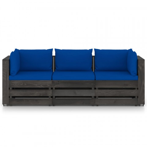 Canapé de jardin 3 places avec coussins bois imprégné de gris bleu