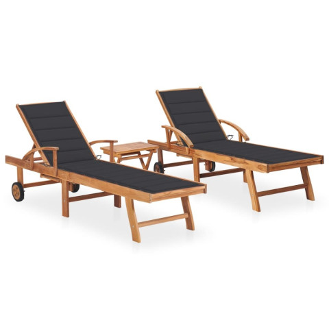 Lot de 2 transats chaise longue bain de soleil lit de jardin terrasse d'extérieur avec table et coussin bois de teck solide - Couleur au choix